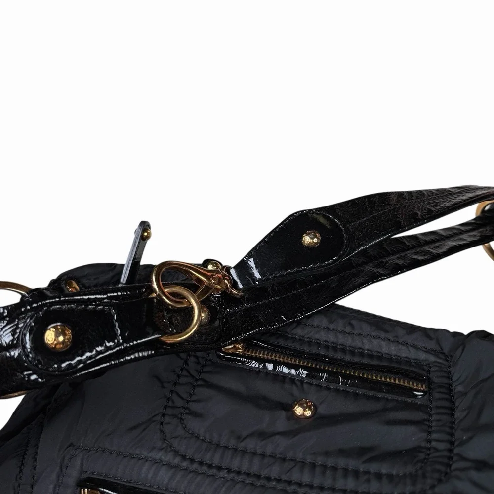 Tod's Tods Pashmy‎ Luna Black Nylon & Patent Leather Hobo w Zipper Detail